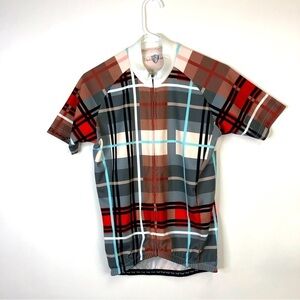 Danny Shane cycling jersey red tartan plaid zip front short sleeves back pockets